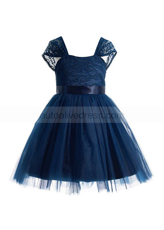 Cap Sleeves Navy Blue Lace Tulle Adorable Flower Girl Dress